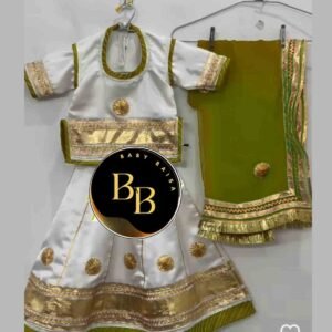 White and Mehandi Green Color Rajputi Poshak for Baby Girl