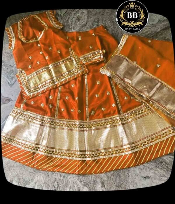 Dark Orange Baby Poshak with Lafa Gotapatti Work - Stitched Poshak Dark Orange Baby Poshak with Lafa Gotapatti Work - Stitched Poshak