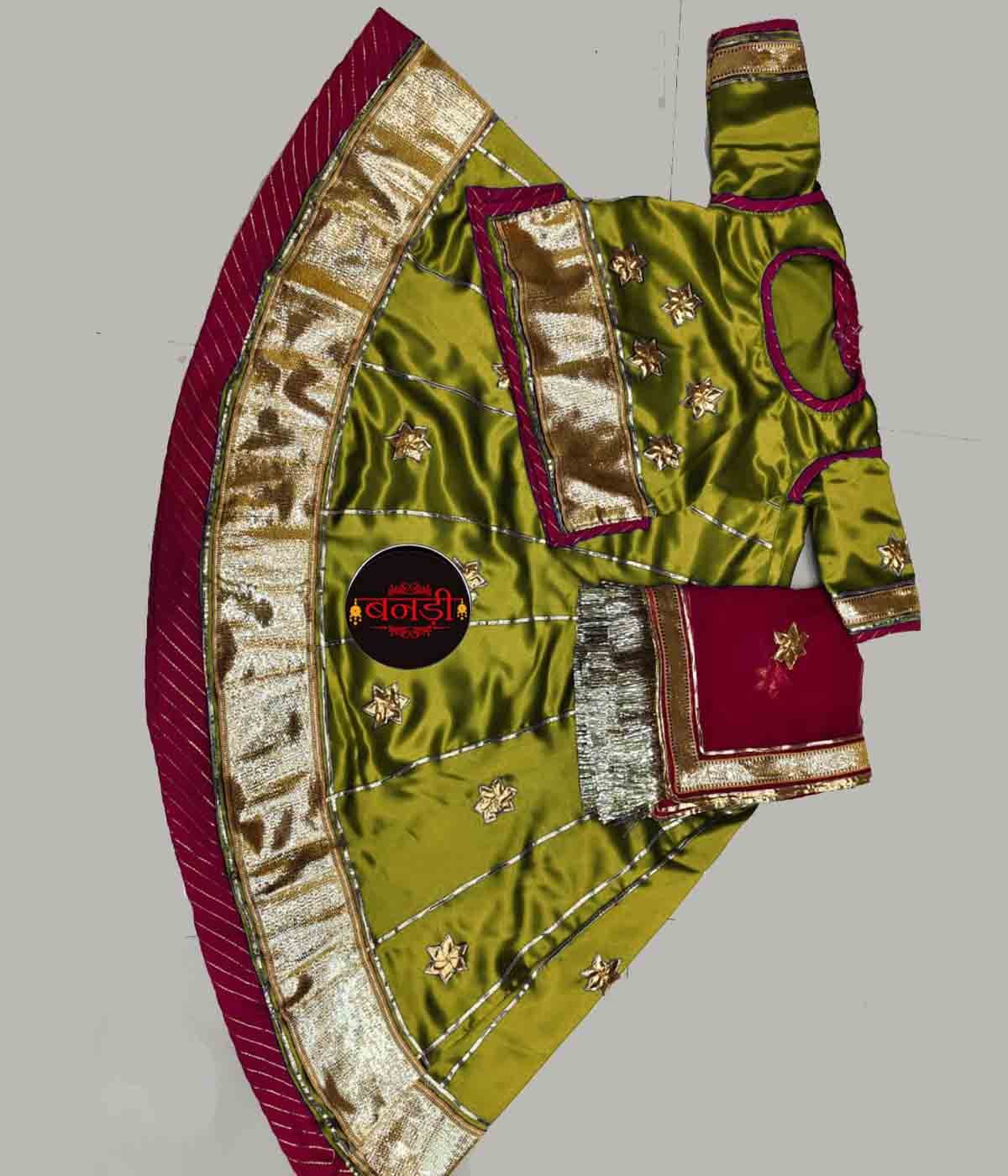 Baby Girl Poshak in Mehandi Green with Maroon Magji and Odhani