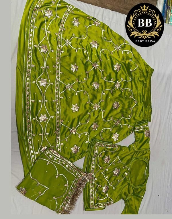 Enchanting Elegance Mehandi Green Satin Poshak with Gota Patti Jaal Work Enchanting Elegance Mehandi Green Satin Poshak with Gota Patti Jaal Work