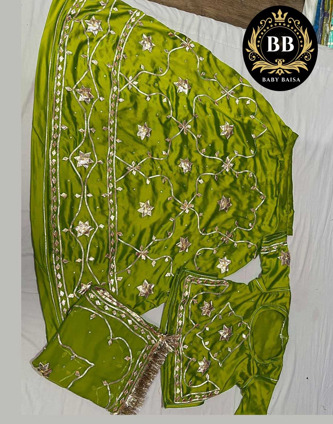 Enchanting Elegance Mehandi Green Satin Poshak with Gota Patti Jaal Work