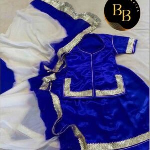 Girls Poshak in White and Royal Blue Colors with Stitching