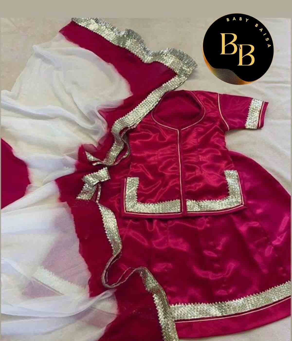 Girls Stitched Poshak in Rani and White Colors
