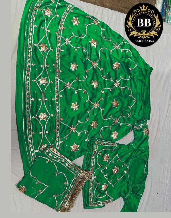 Green Satin Poshak with Gota Patti Jaal Work Green Satin Poshak with Gota Patti Jaal Work