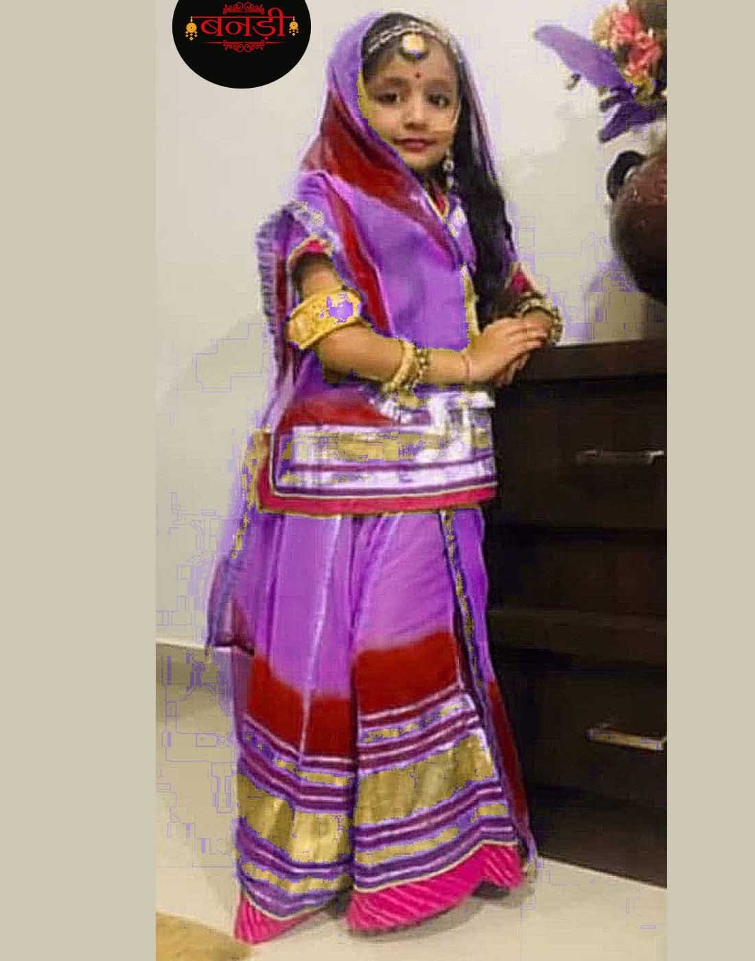 Kids Poshak in Lavender and Maroon with Golden Lace Work (Stitched)