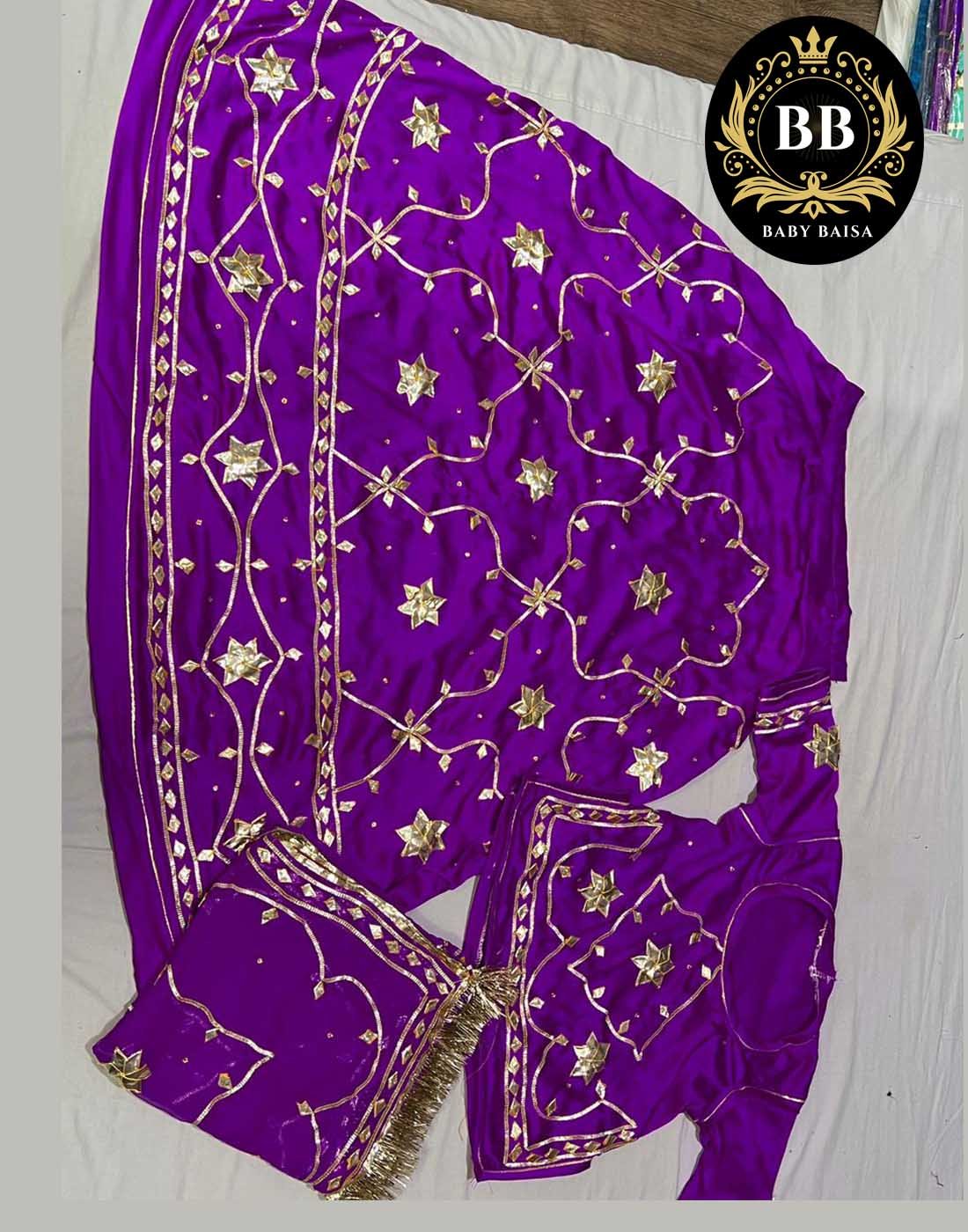 Purple Satin Poshak with Gota Patti Jaal Work