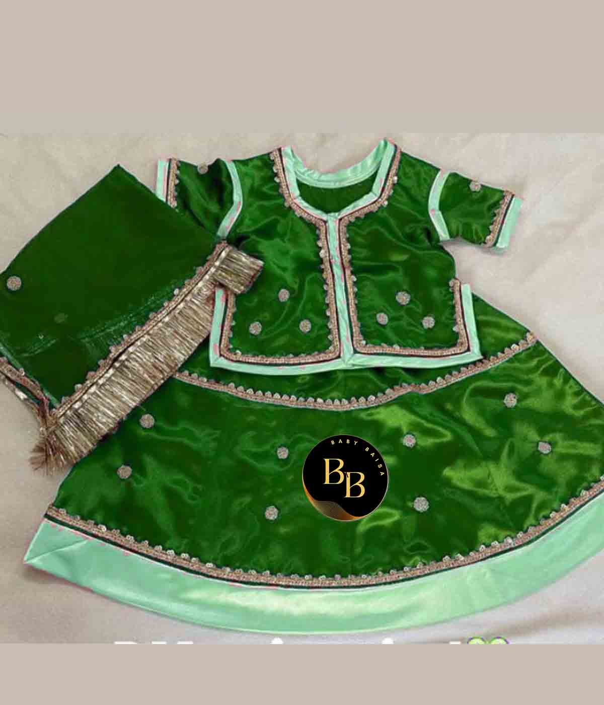 Rajputi Girls Stitched Poshak with Dark and Light Green Colors