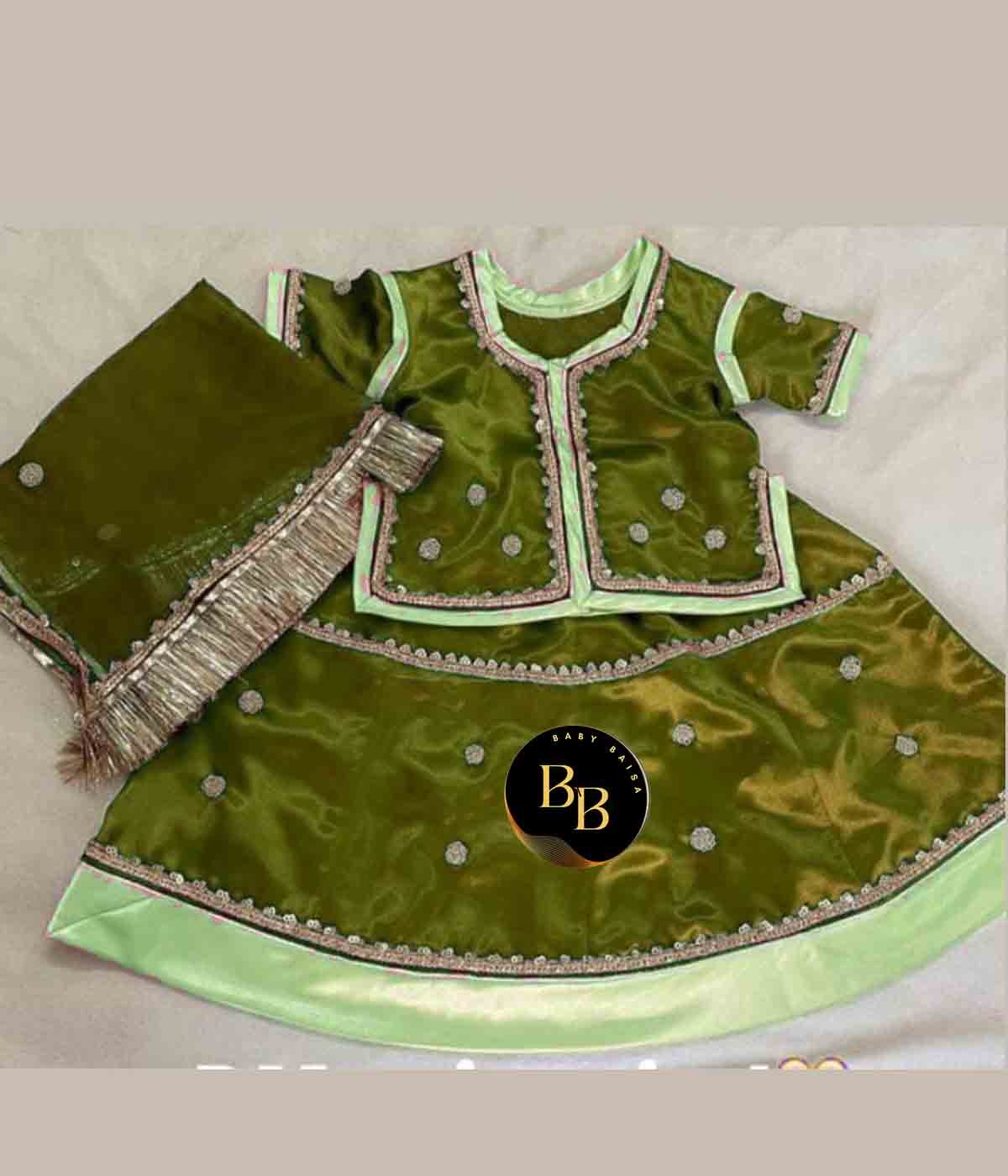 Stitched Girls Poshak with Mehandi and Light Green Colors