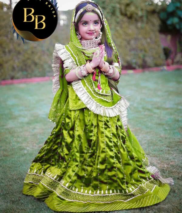 Kids Rajputi Poshak in Green Color with Satin Fabric Kids Poshak in Mehandi Green Color with Satin Fabric
