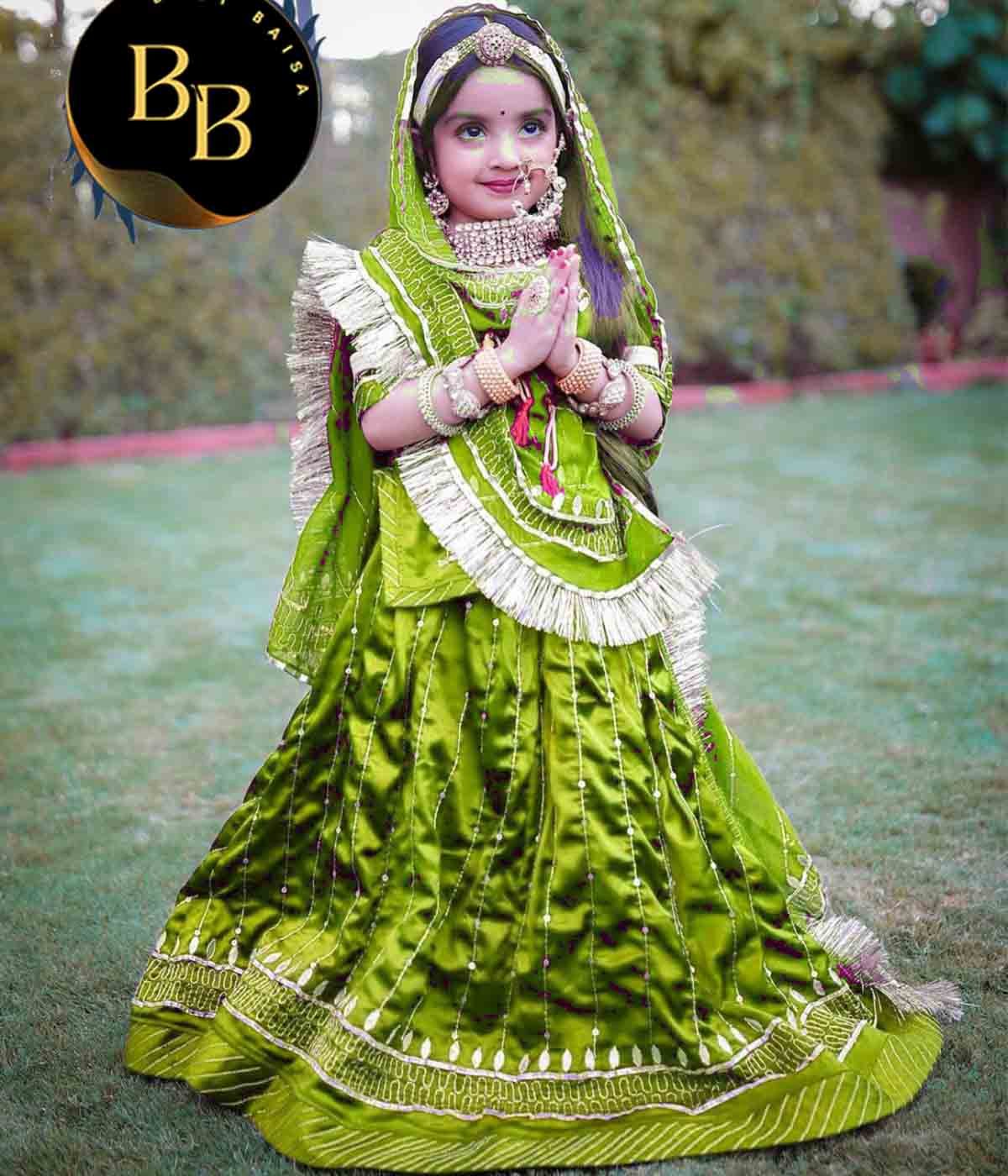 Kids Rajputi Poshak in Green Color with Satin Fabric