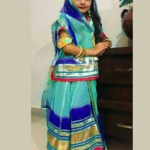 Kids Poshak in Firozi and Dark Blue Color with Golden Lace Work (stitched)