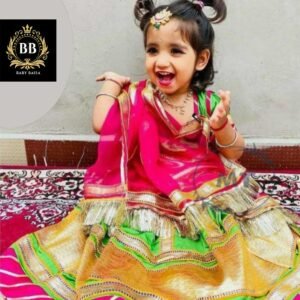 Stitched Green Girls Poshak with Pink Magji and Odhnai