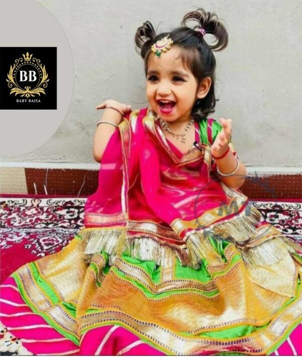Stitched Green Girls Poshak with Pink Magji and Odhnai Stitched Green Girls Poshak with Pink Magji and Odhnai