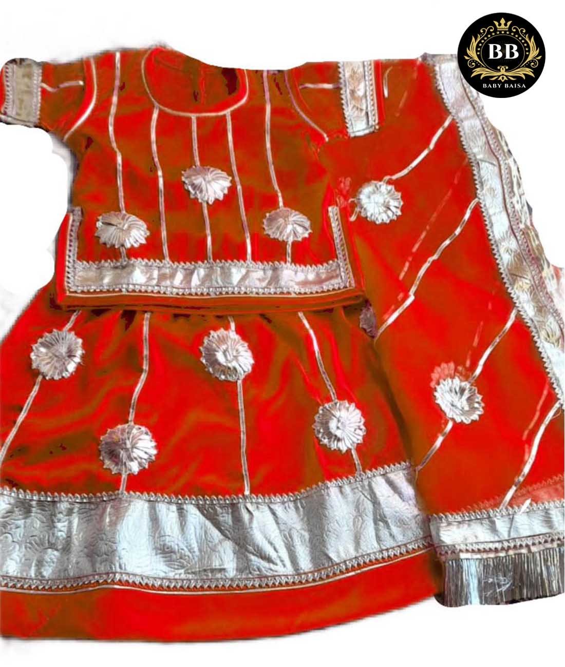 Baby Poshak in Red Color with Silver Gota Lace Work