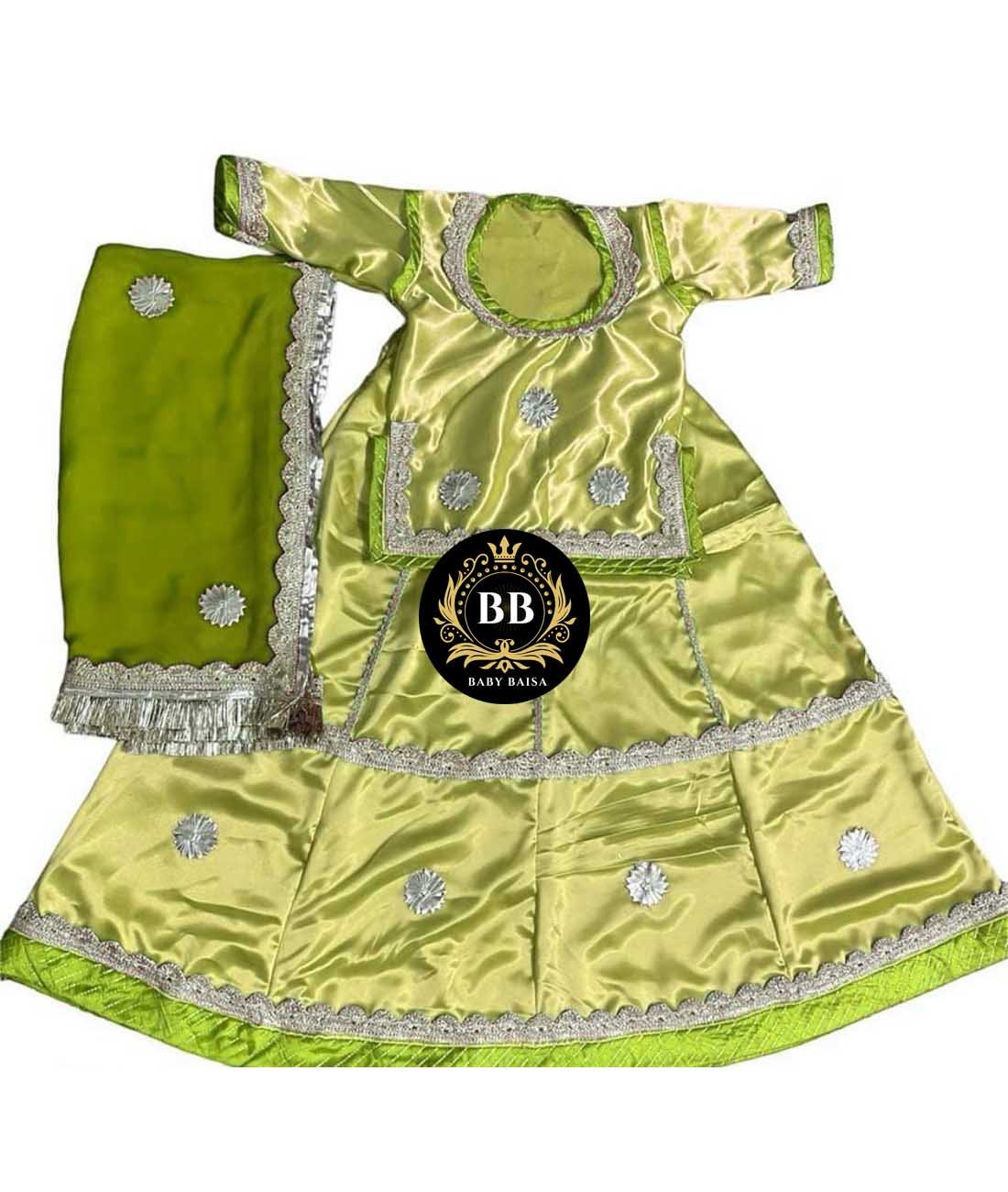 Girl Rajasthani Poshak in Mehandi Green Color with Lace Work