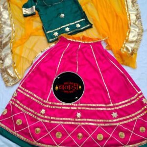 Multicolor Girls Rajasthani Poshak with Dark Pink Lehenga and Yellow Odhani