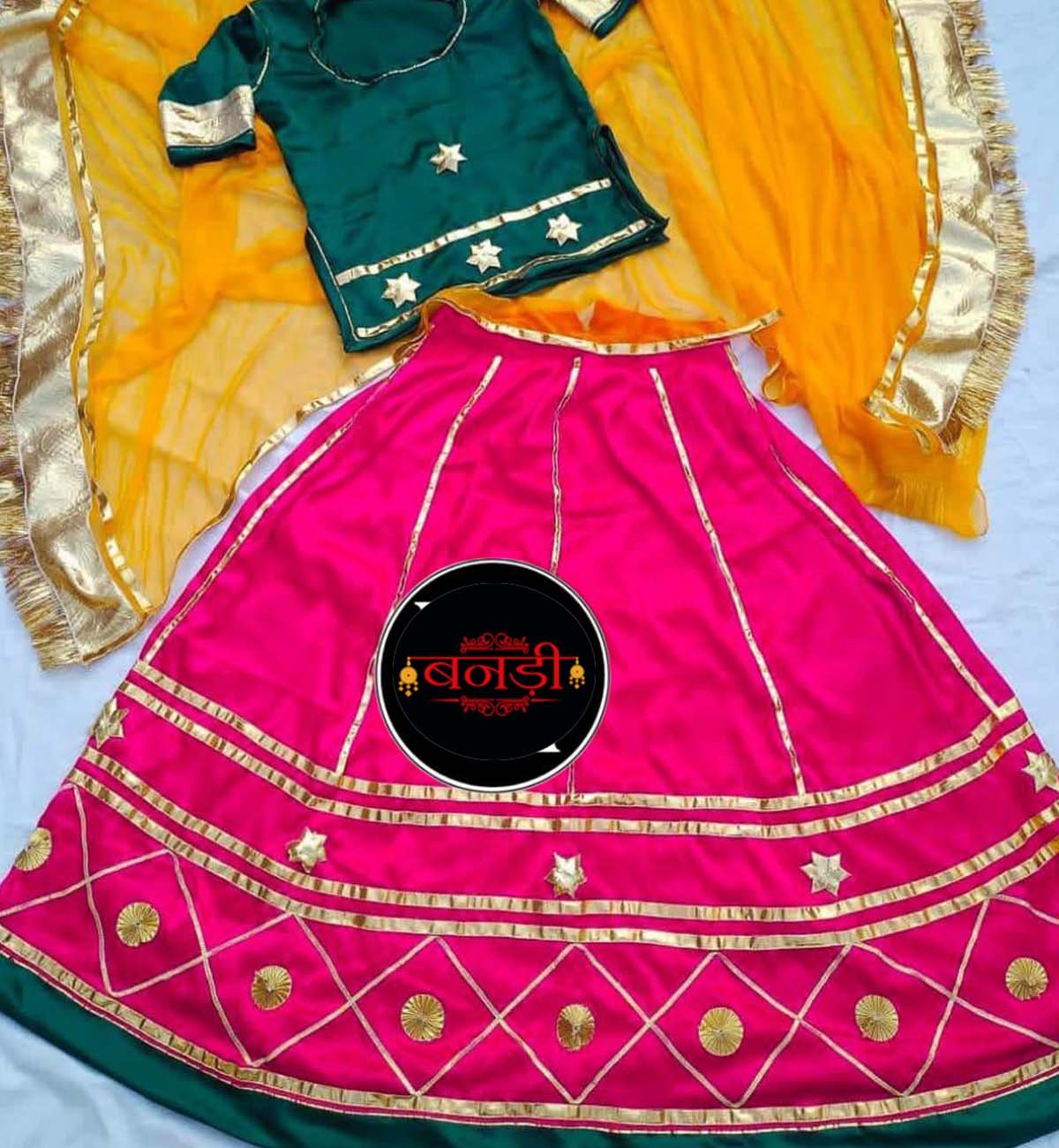 Multicolor Girls Rajasthani Poshak with Dark Pink Lehenga and Yellow Odhani