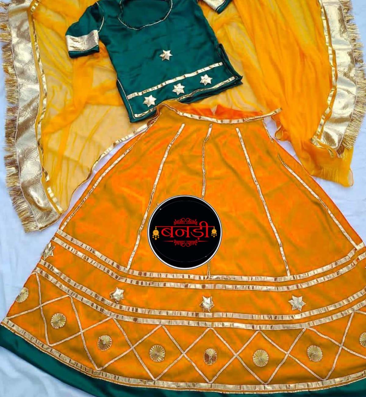 Multicolor Girls Rajasthani Poshak with Yellow Lehenga and Odhani