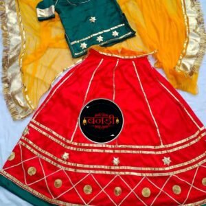 Multicolor Girls Rajputi Poshak with Orange Lehenga and Yellow Odhani