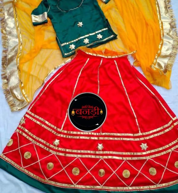 Multicolor Girls Rajputi Poshak with Orange Lehenga and Yellow Odhani Multicolor Girls Rajputi Poshak with Orange Lehenga and Yellow Odhani