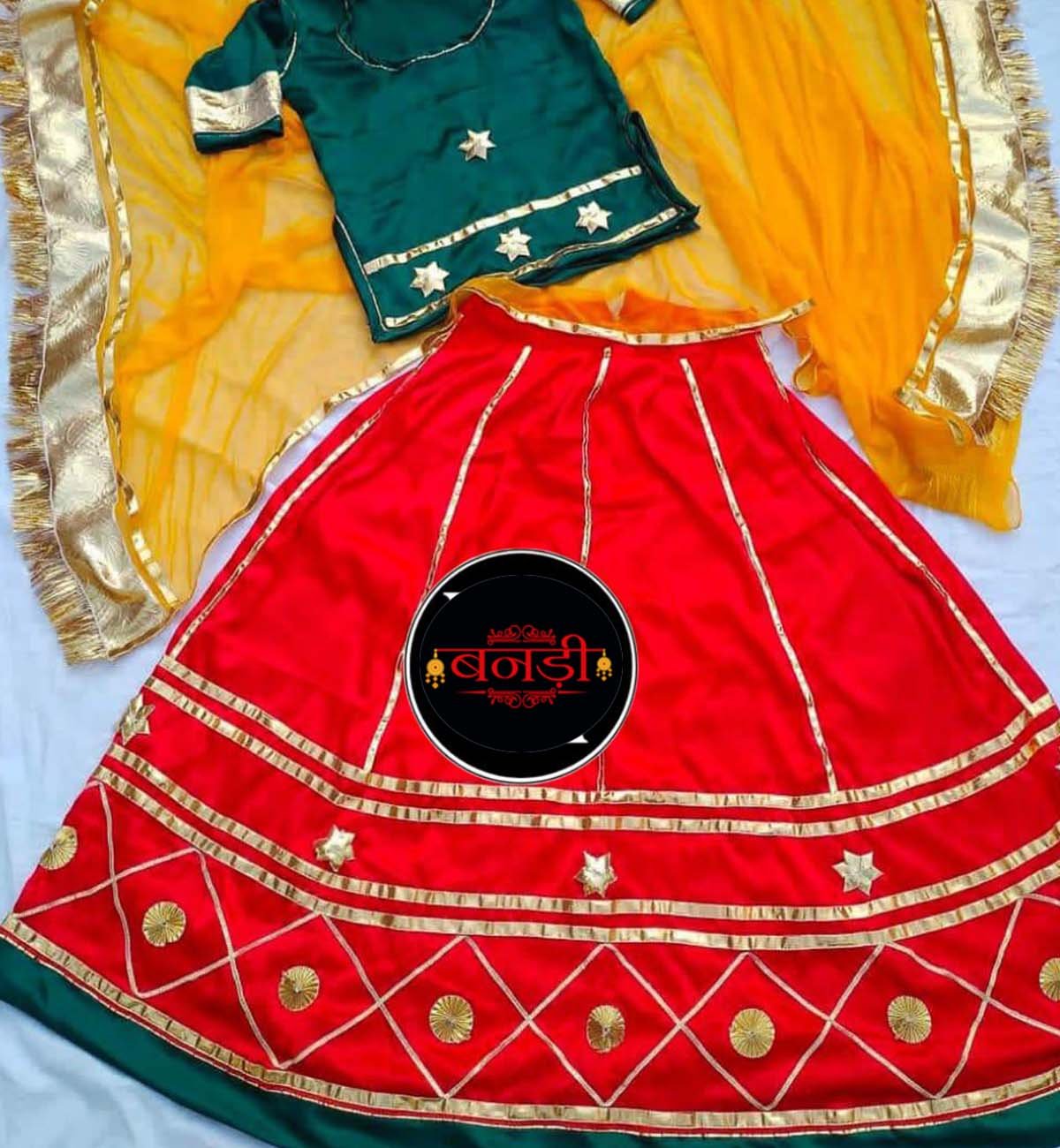 Multicolor Girls Rajputi Poshak with Orange Lehenga and Yellow Odhani