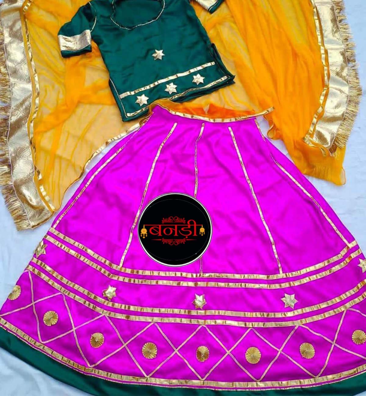 Rajputi Poshak with Pink Lehenga and Yellow Odhan For Girls