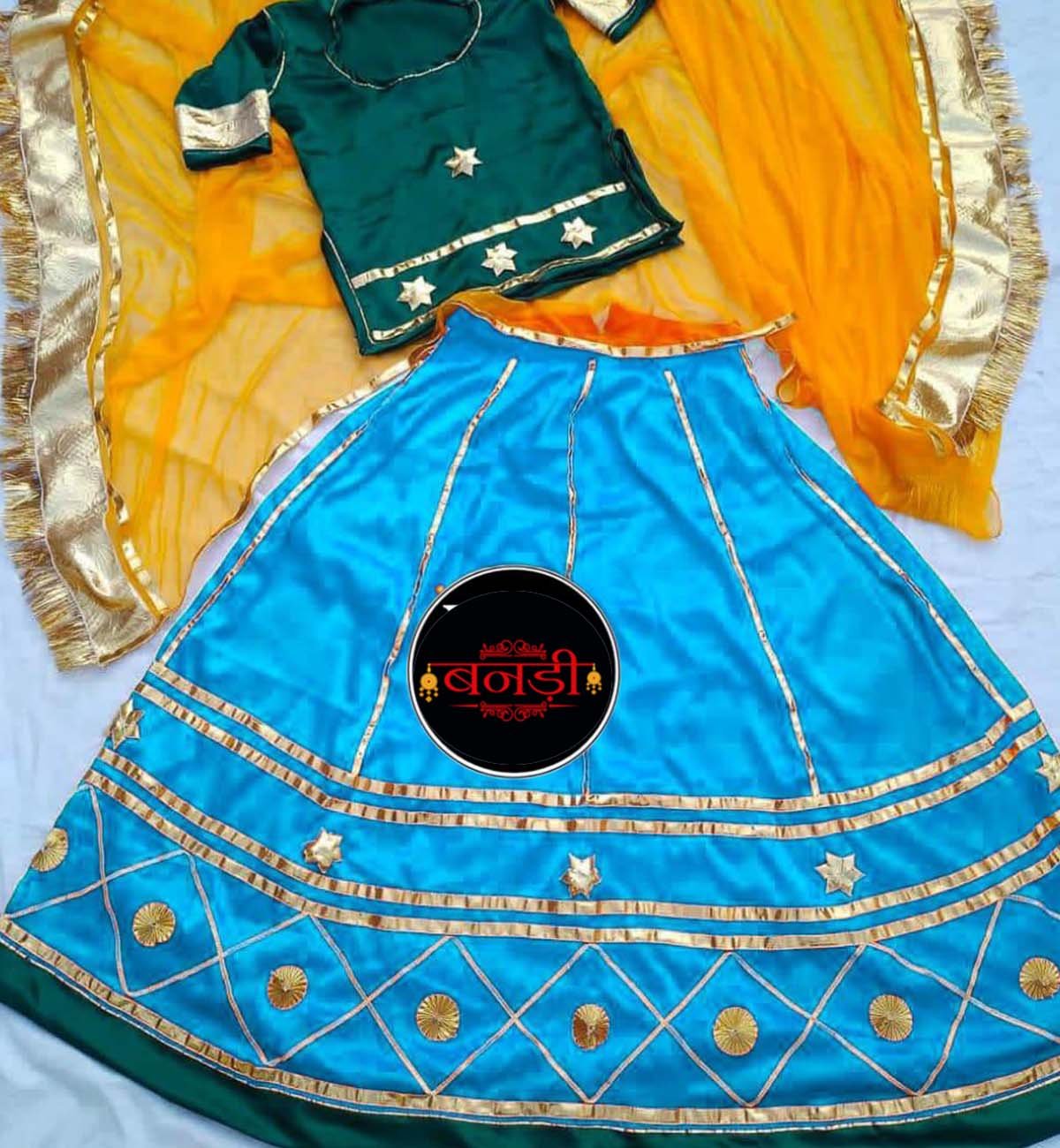 Multicolor Girls Poshak with Firozi Blue Lehenga and Yellow Odhani