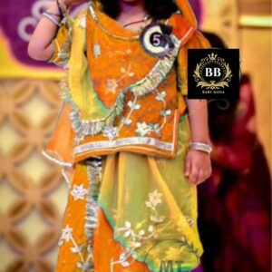 Orange Color Stitchied Poshak for Girl with Shaded Odhani