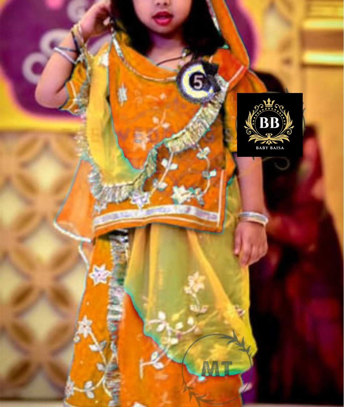 Orange Color Stitchied Poshak for Girl with Shaded Odhani