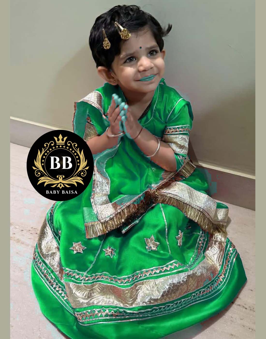 Small Girls Rajasthani Poshak in Green Color at Baby Baisa
